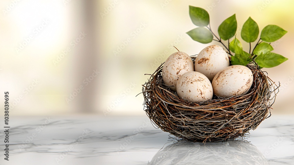 Obraz premium Decorative Nest with Eggs on Marble Surface