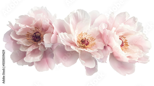 Delicate Peony Blossoms in Full Bloom, Isolated on Pure White, Showcasing Soft Petals and Intricate Details in High-Key Botanical Photography, Emphasizing Natural Beauty