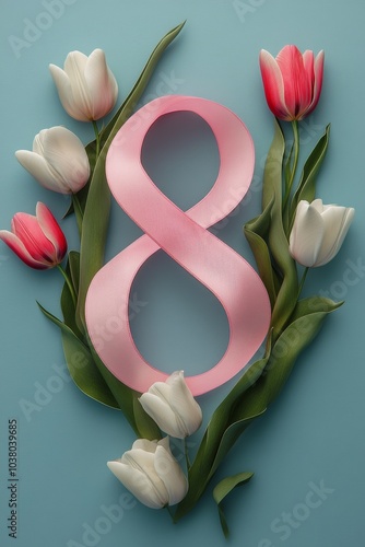 Decorative pink ribbon shaped as number eight surrounded by fresh tulips on s...
