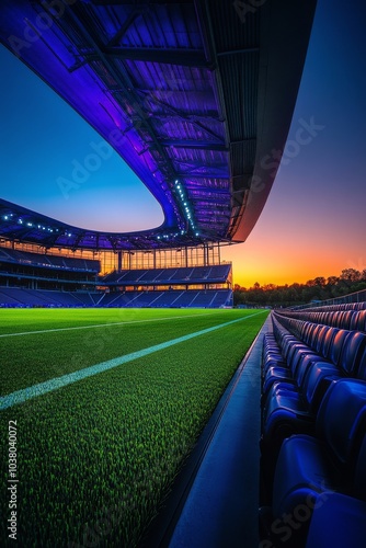 A vibrant football field at twilight with stadium lights illuminating the grass