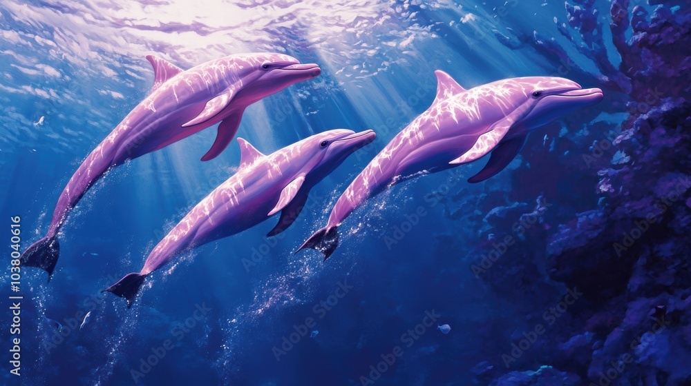 Fototapeta premium Majestic pink dolphins diving deep into azure waters