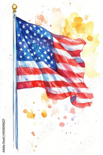 American flag painted in vivid watercolors flowing gracefully across a textur...
