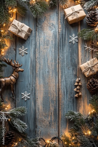 Festive arrangement of gifts and decorations on a wooden surface during the h...