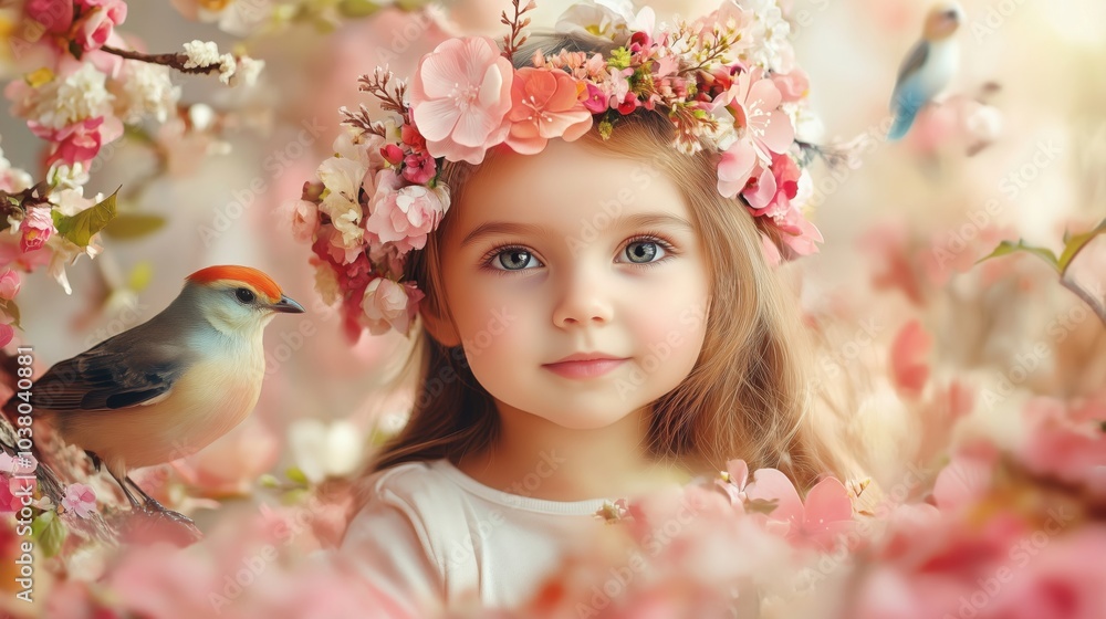 Girl with floral crown and birds, surrounded by blossoms, soft focus, serene expression Girl with floral crown and birds, surrounded by blossoms, soft focus, serene expression