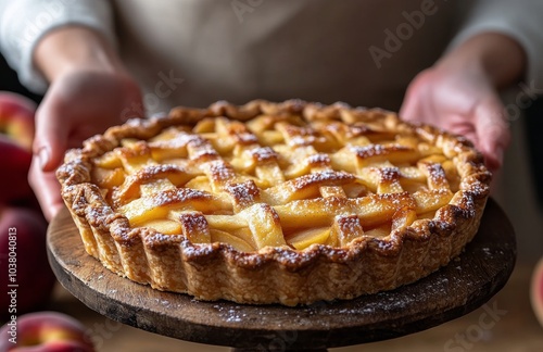 Delicious homemade tart with fresh apples presented on a wooden board in a co...