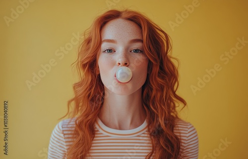 Young woman with red hair blows bubble gum against a vibrant yellow backgroun...