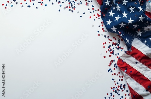 American flag with red white and blue confetti on a white background during a...