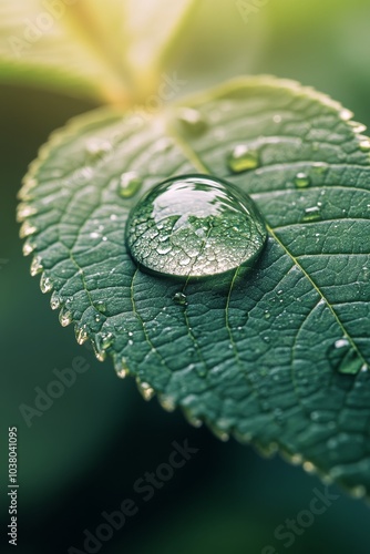 Close up of a water droplet resting on a green leaf in early morning light ou...