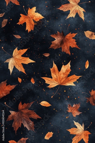 A collection of autumn leaves floating against a dark background in a tranqui...