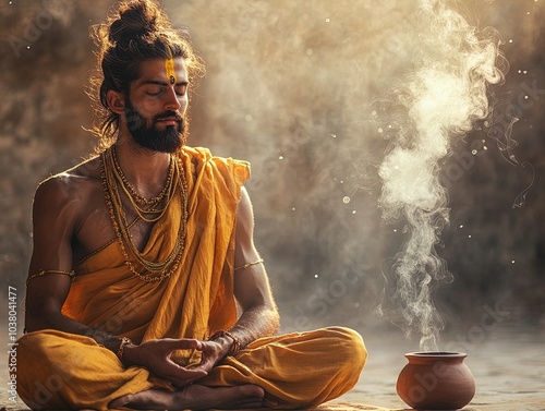 Serene Yogi in Golden Attire: A Tranquil Poster for Fitness Spaces, Featuring Meditative Calmness and Ethereal Smoke to Inspire Inner Peace and Harmony