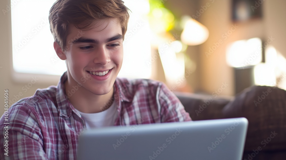 Smiling teenager using laptop at home, relaxed atmosphere, casual attire Smiling teenager using laptop at home, relaxed atmosphere, casual attire