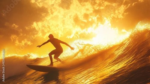 Golden light illuminating surfer graceful ride