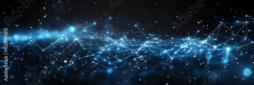 Glowing blue waves of energy illuminated in a dark space with sparkling parti...
