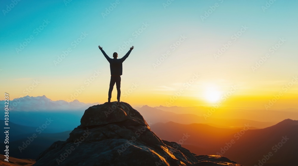 Silhouette of person celebrating on mountain peak at sunset, vibrant colors Silhouette of person celebrating on mountain peak at sunset, vibrant colors