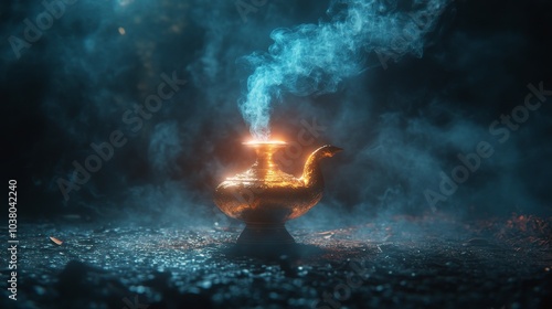 A mystical lamp emitting smoke in a dimly lit ancient setting at night