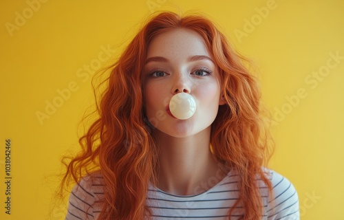 Young woman with red hair blows bubble gum against a vibrant yellow backgroun...