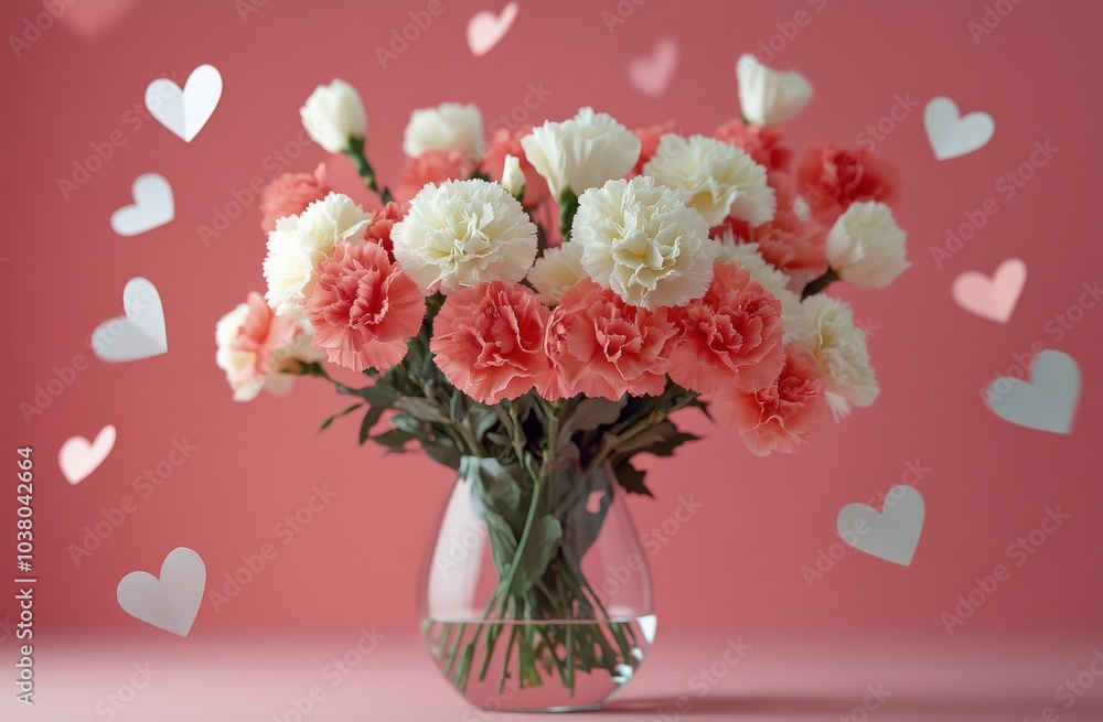 Naklejka premium Beautiful bouquet of pink and white carnations in a glass vase with heart decorations