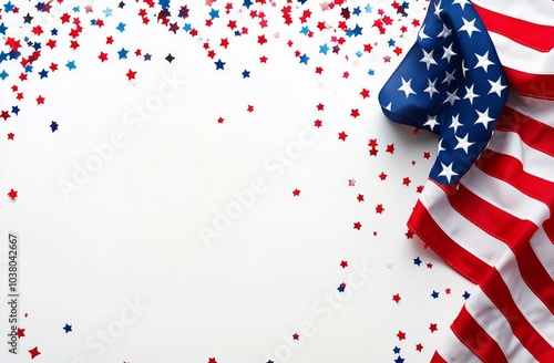 American flag with red white and blue confetti on a white background during a...
