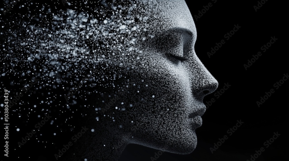 Abstract portrait of woman dissolving into particles, ethereal and surreal effect Abstract portrait of woman dissolving into particles, ethereal and surreal effect