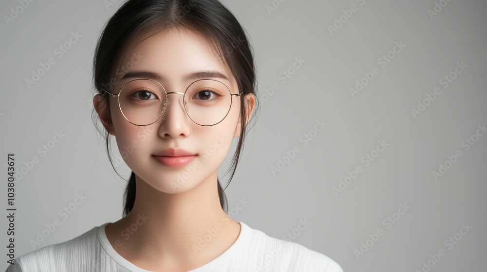 Portrait young woman glasses, soft lighting, neutral background, calm expression Portrait young woman glasses, soft lighting, neutral background, calm expression