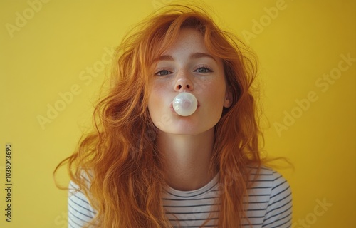 Young woman with red hair blows bubble gum against a vibrant yellow backgroun...