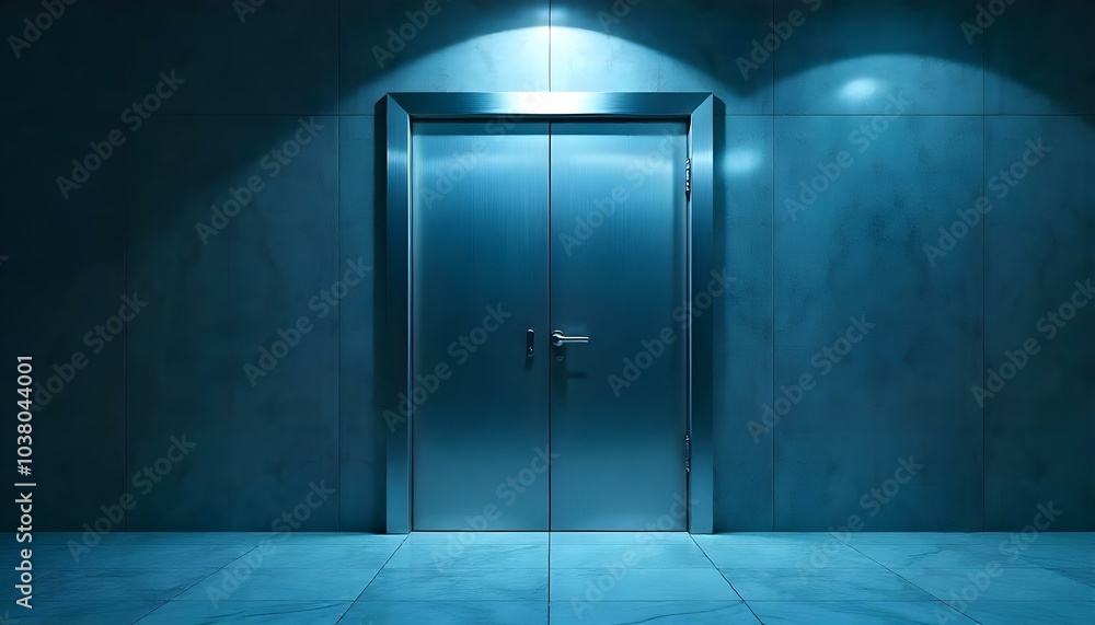 Obraz premium A closed metal elevator door in a dimly lit hallway