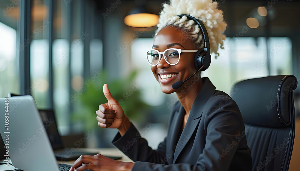 Portrait of beautiful black woman with white afro hairstyle, working in office with head set and laptop, , thumbs up gesture, business people
