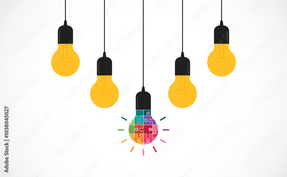 Hanging light bulbs with one glowing on white background. Concept of idea Hanging light bulbs with one glowing on white background. Concept of idea