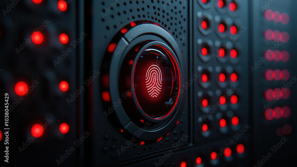 Fingerprint scanner lock, sleek holographic panel, modern tech, secure access system
