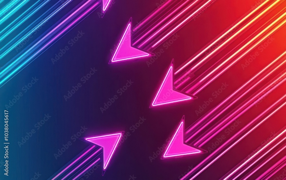 Neon glowing arrows pointing in different directions on a dark background, vibrant colors illuminating the scene, futuristic technology theme Neon glowing arrows pointing in different directions on a dark background, vibrant colors illuminating the scene, futuristic technology theme