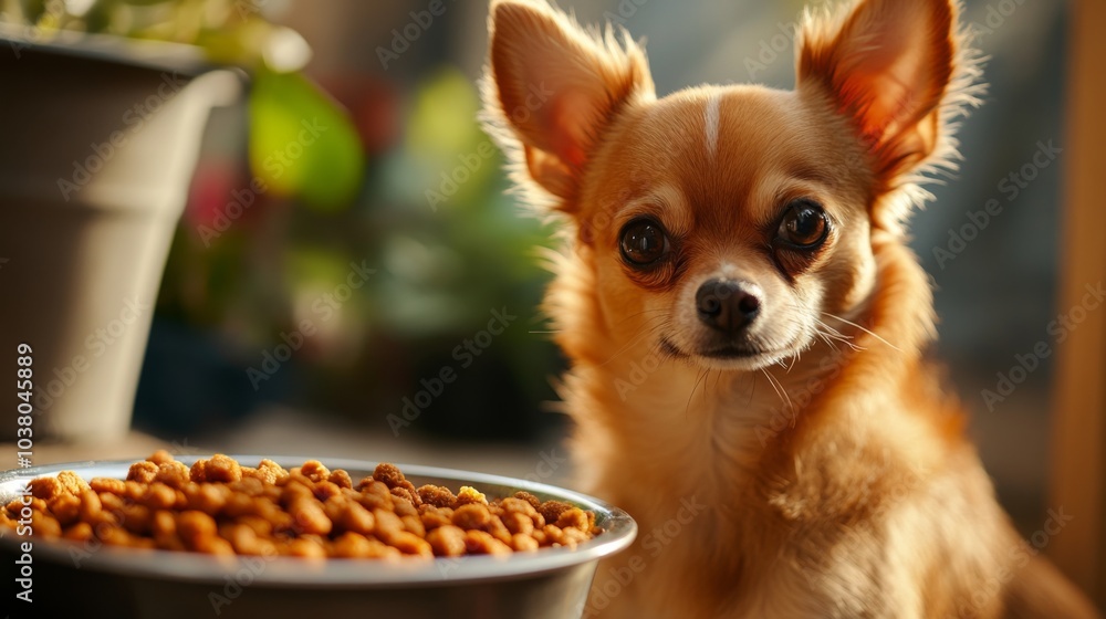 Chihuahua eagerly looking at kibble bowl Chihuahua eagerly looking at kibble bowl