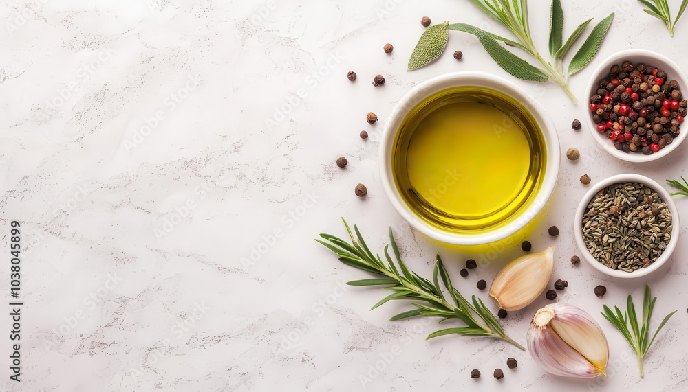 Top view of Mediterranean herbs and spices with olive oil and garlic cloves, representing Mediterranean cooking culture Top view of Mediterranean herbs and spices with olive oil and garlic cloves, representing Mediterranean cooking culture