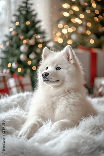 A playful Samoyed puppy sits gracefully in front of a decorated Christmas tre...