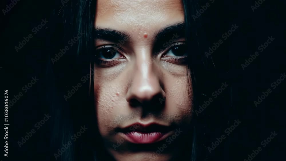 Intense close-up portrait of a person with dark hair and deep expression Intense close-up portrait of a person with dark hair and deep expression