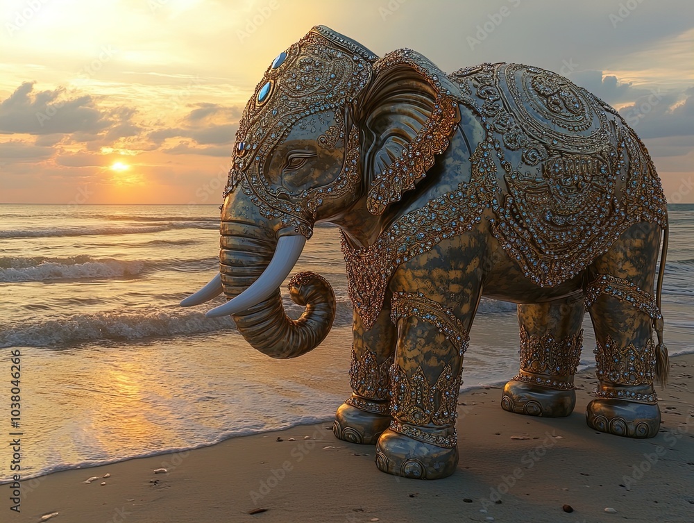 Fototapeta premium Majestic Elephant Statue on Sandy Beach: A Stunning Sunset Poster for Your Sports Room Decor, Featuring Jewel-Adorned Elegance and Serene Coastal Vibes.