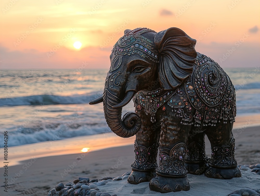 Fototapeta premium Majestic Elephant Statue on Sandy Beach: A Stunning Sunset Poster for Your Sports Room Decor, Featuring Jewel-Adorned Elegance and Serene Coastal Vibes.