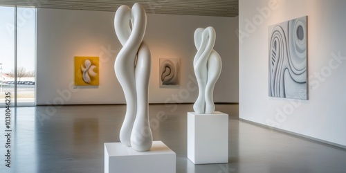 Modern Art Gallery: Abstract Sculptures in a Minimalist Setting: Two white, curvaceous sculptures stand on pedestals in a modern art gallery, showcasing contemporary art's elegance and dynamism.