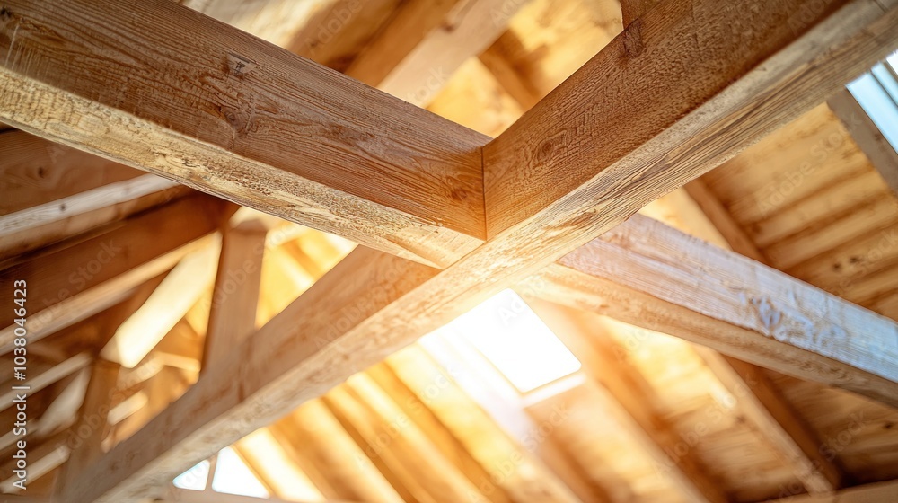 Close-up of a sunlit wooden beam with visible grain patterns in a bright, open loft space Close-up of a sunlit wooden beam with visible grain patterns in a bright, open loft space