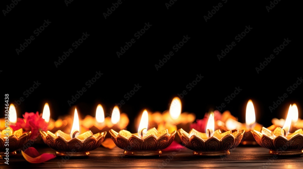 Diwali lamps with glowing flames and petals. Concept: festival of lights and celebration. Diwali lamps with glowing flames and petals. Concept: festival of lights and celebration.