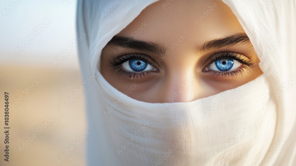 Blue eyes woman in white hijab, captivating gaze, serene background Blue eyes woman in white hijab, captivating gaze, serene background