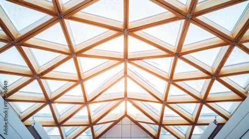 Architectural beams forming a geometric pattern in the roof of a contemporary structure