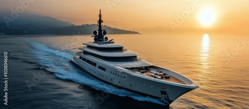 Luxury yacht cruising on calm waters at sunset near a coastal landscape