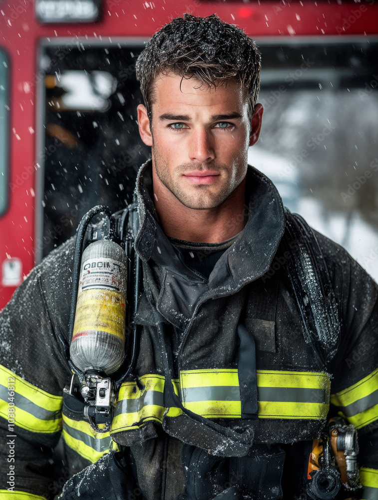 Fototapeta premium Firefighter's Resolve: A portrait of a brave firefighter, his face etched with determination, amidst a snowy backdrop, his gaze unwavering in the face of adversity.
