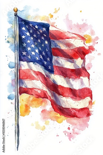 American flag painted in vivid watercolors flowing gracefully across a textur...