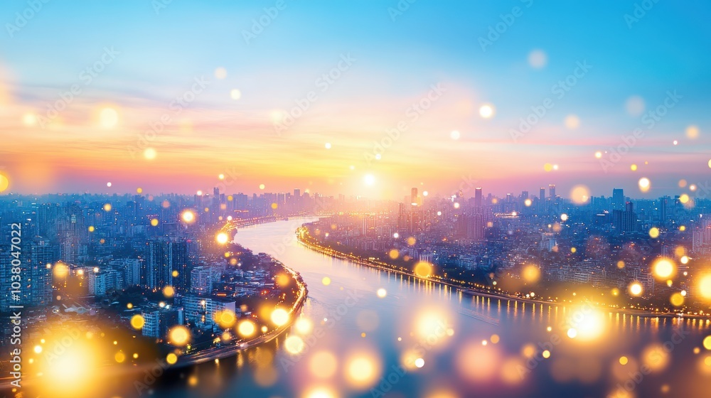 Aerial view of a city by the river at dusk, city lights glowing. Concept: urban landscape, serenity