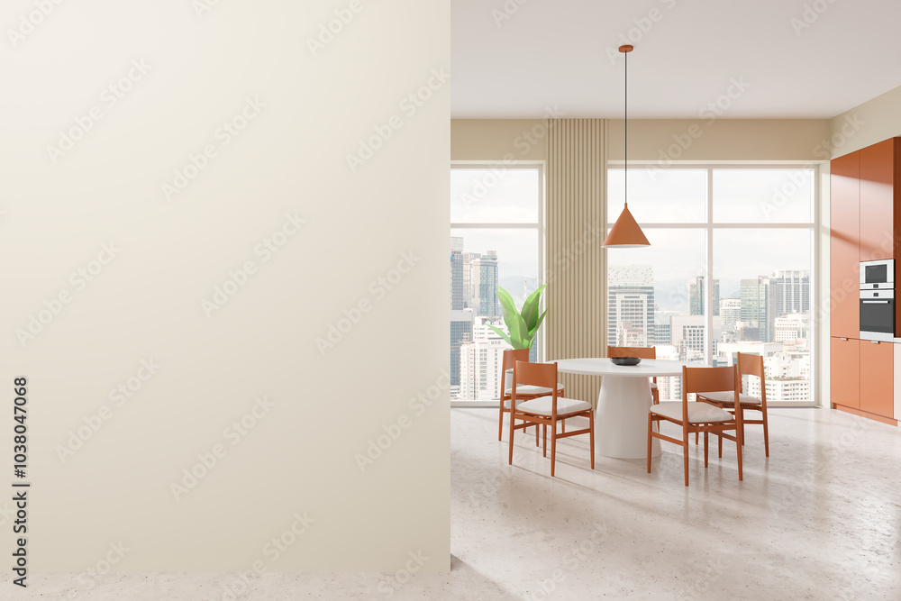 Fototapeta premium Modern dining area with a blank wall and city view. 3D Rendering