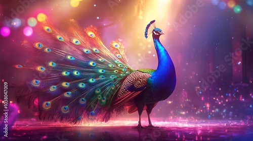 A peacock with iridescent feathers stands on a reflective surface with colorful lights and bokeh.