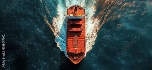 Aerial view of a large cargo ship navigating through ocean waves during dayli...