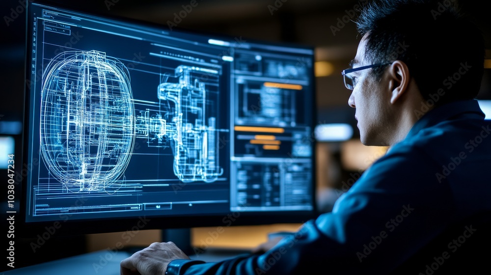Focused on Innovation: A tech professional meticulously analyzes a complex 3D design on a large curved monitor, illuminated by the soft glow of the screen. Focused on Innovation: A tech professional meticulously analyzes a complex 3D design on a large curved monitor, illuminated by the soft glow of the screen.