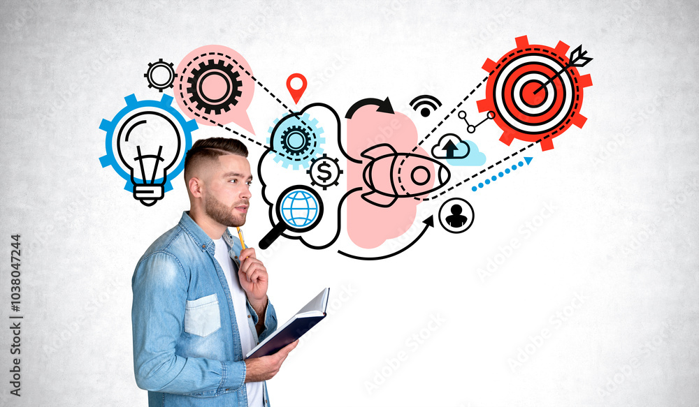 Man thinking while holding a notebook, surrounded by concept ico Man thinking while holding a notebook, surrounded by concept ico